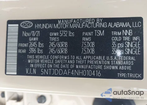 2022 Hyundai Santa Cruz Sel Premium из США, поврежденный, VIN 5NTJDDAF4NH010416